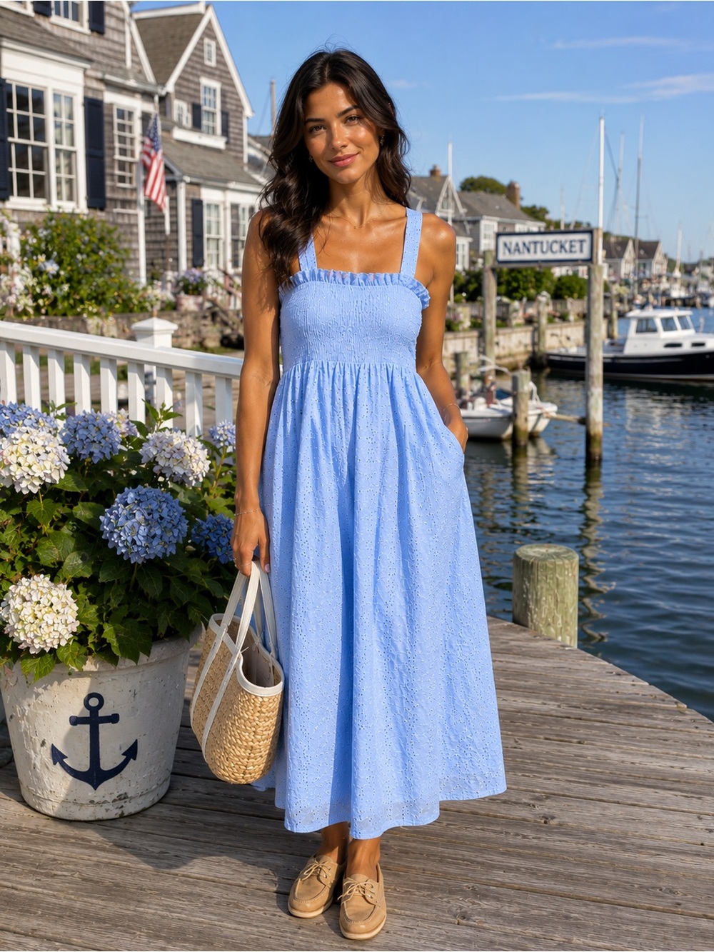 Blue Maxi Sundress Smocked Eyelet Aqua SZ S w/Pockets - Cottagecore Euro summer